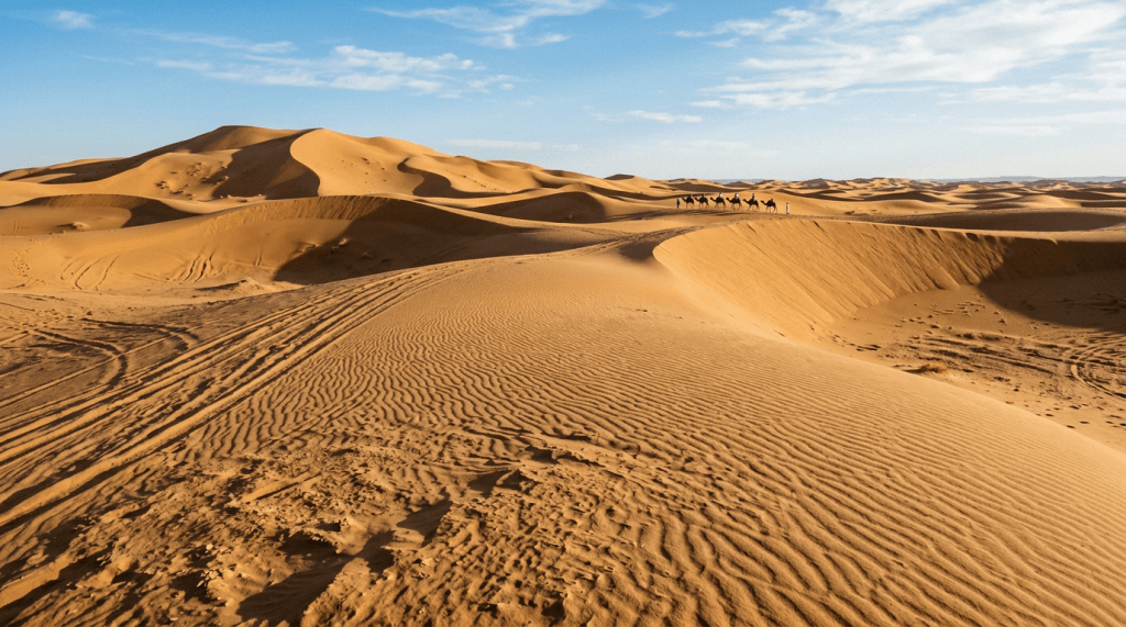 Camel caravan crossing rippled golden sand dunes