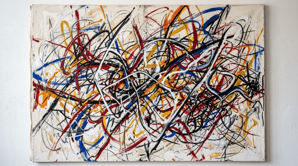 Abstract painting with tangled black, white, red, blue, and yellow lines