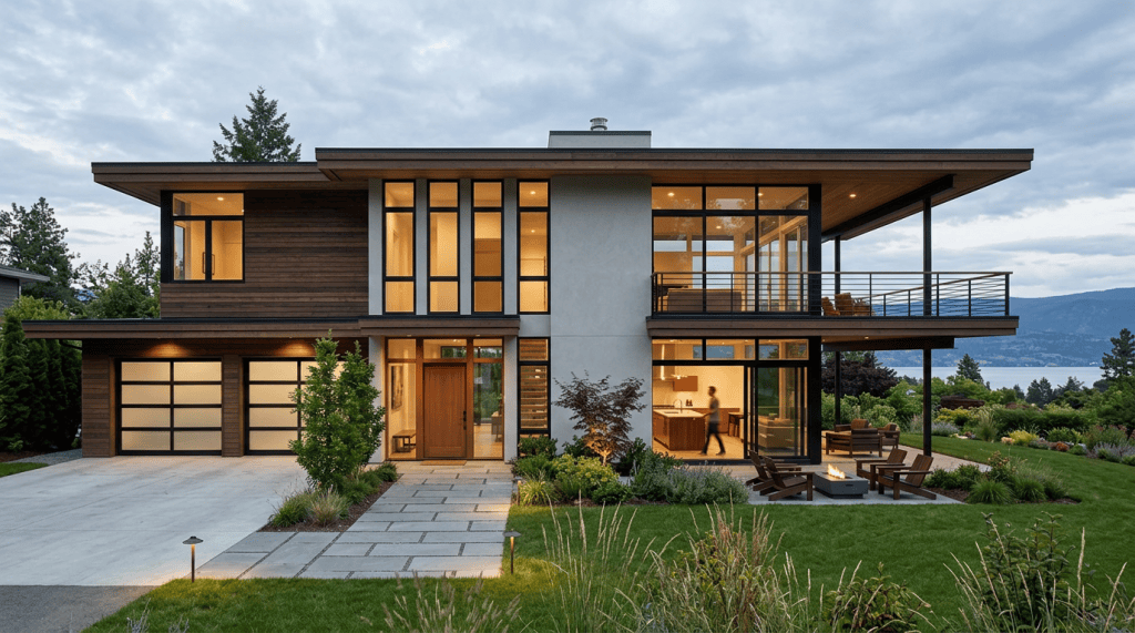 Modern two-story home with warm lights, landscaped yard, deck, lake, and mountains