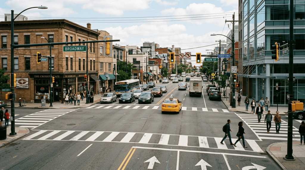 Busy downtown intersection marked Broadway and Main Street with traffic and pedestrians