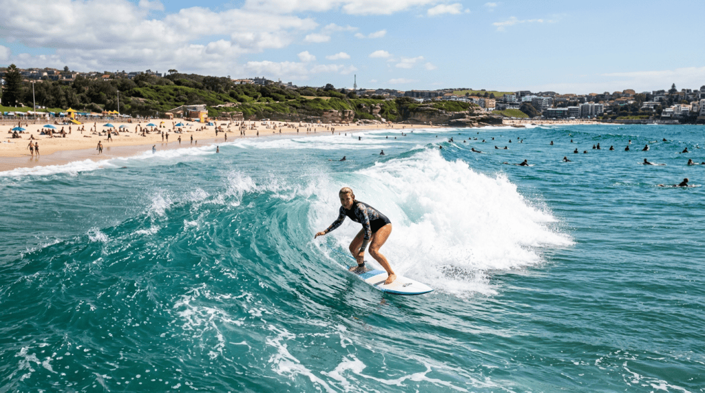 Surfer riding a wave near a crowded beach and coastal town