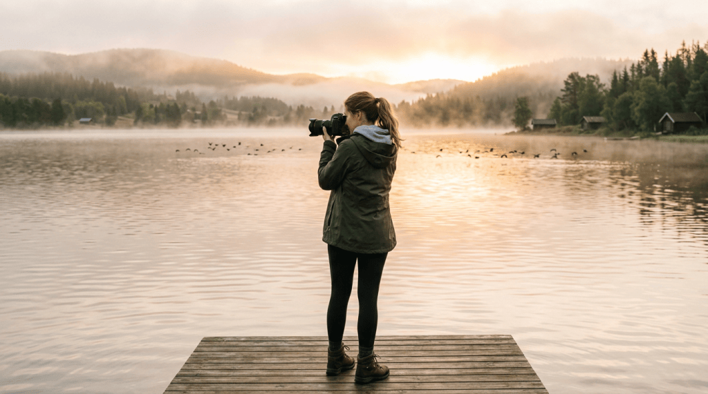 Photographer photographing birds from a dock on a misty lake